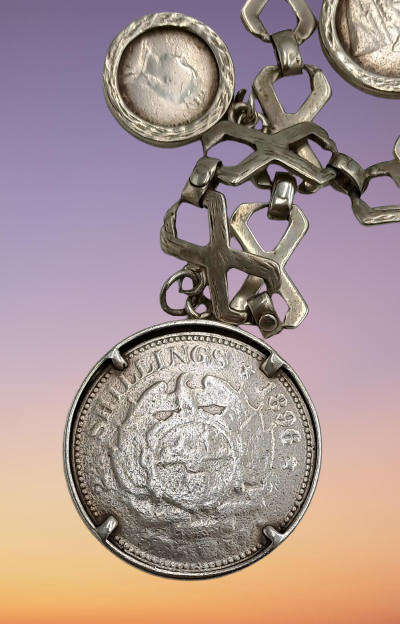 Antique Sterling Silver Bracelet with 3 Silver Coins 1896 ZAR 2½ Shillings,1896 6 Pence, UK 1888 4 P