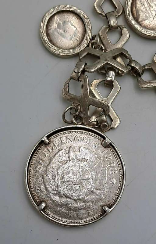 Antique Sterling Silver Bracelet with 3 Silver Coins 1896 ZAR 2½ Shillings,1896 6 Pence, UK 1888 4 P