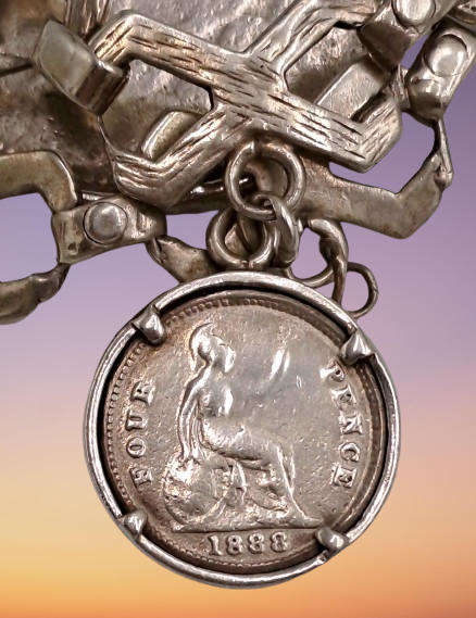 Antique Sterling Silver Bracelet with 3 Silver Coins 1896 ZAR 2½ Shillings,1896 6 Pence, UK 1888 4 P