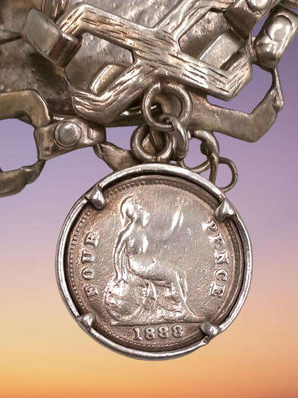 Antique Sterling Silver Bracelet with 3 Silver Coins 1896 ZAR 2½ Shillings,1896 6 Pence, UK 1888 4 P