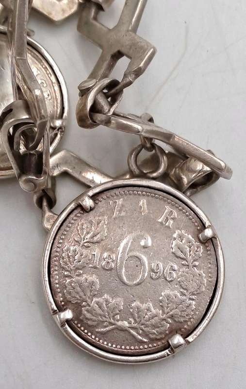 Antique Sterling Silver Bracelet with 3 Silver Coins 1896 ZAR 2½ Shillings,1896 6 Pence, UK 1888 4 P