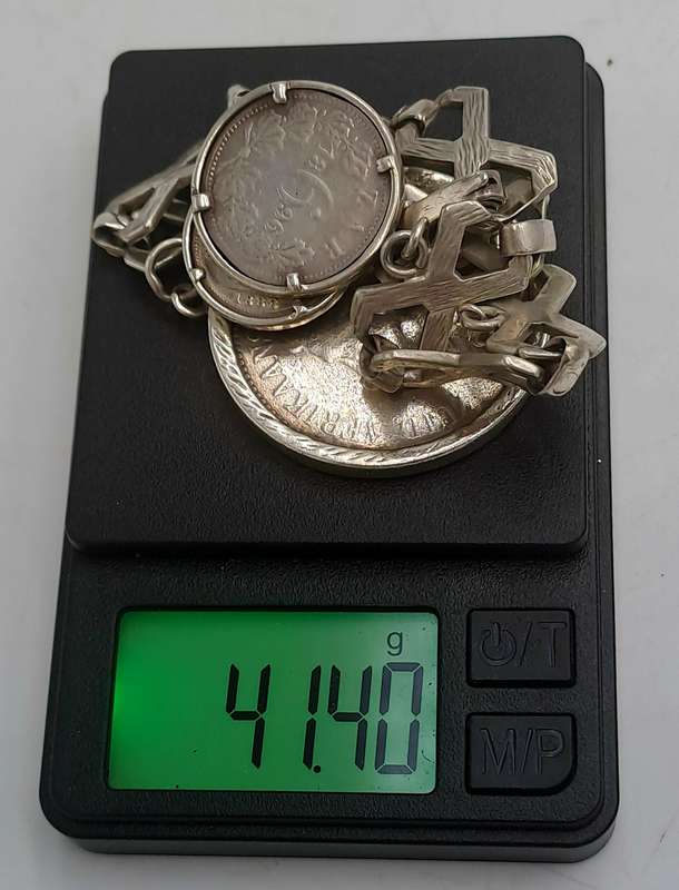 Antique Sterling Silver Bracelet with 3 Silver Coins 1896 ZAR 2½ Shillings,1896 6 Pence, UK 1888 4 P