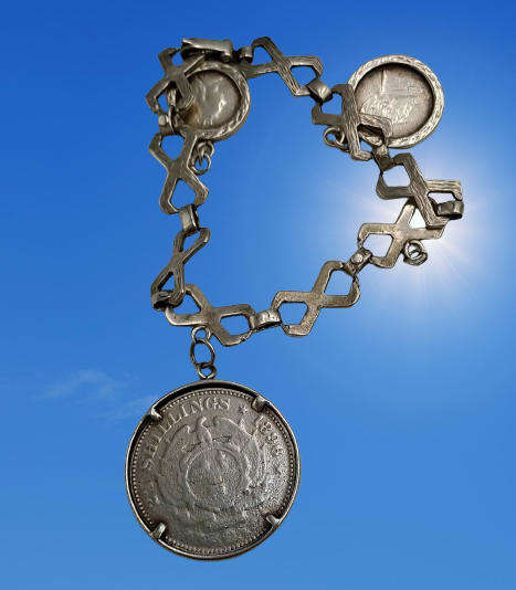Antique Sterling Silver Bracelet with 3 Silver Coins 1896 ZAR 2½ Shillings,1896 6 Pence, UK 1888 4 P