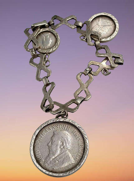 Antique Sterling Silver Bracelet with 3 Silver Coins 1896 ZAR 2½ Shillings,1896 6 Pence, UK 1888 4 P