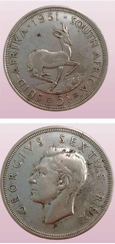 1951 South Africa .500 Silver 5 Shillings - George VI only 363119  Minted