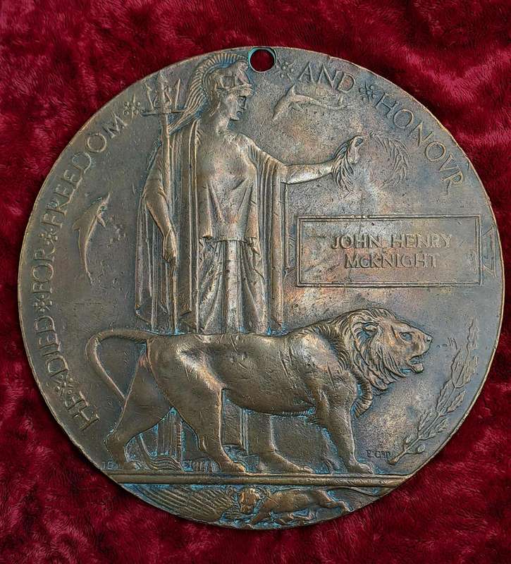 Large WW1 Bronze Death Plaque *Death Man's Penny" To Commemorate the life of John Henry Mcknight