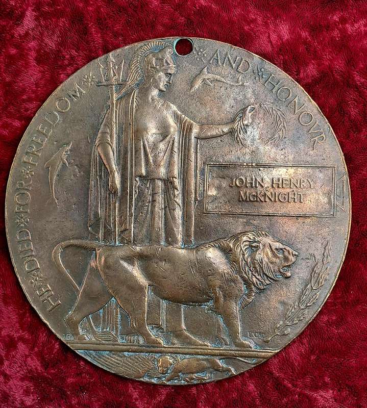 Large WW1 Bronze Death Plaque *Death Man's Penny" To Commemorate the life of John Henry Mcknight