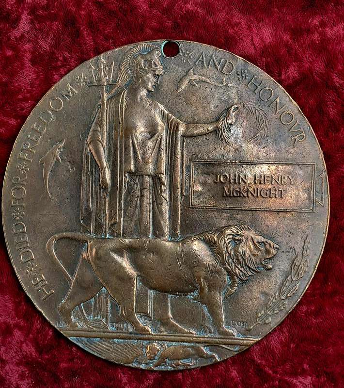 Large WW1 Bronze Death Plaque *Death Man's Penny" To Commemorate the life of John Henry Mcknight
