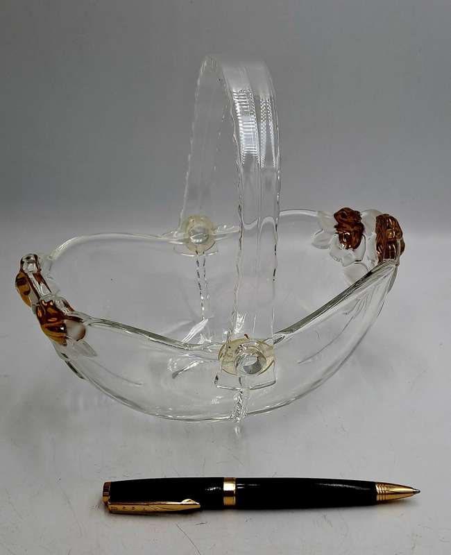 Clear Glass Basket with Collapsible Plastic Handle, Gold Roses and Frosted Leaves, Crystal Look