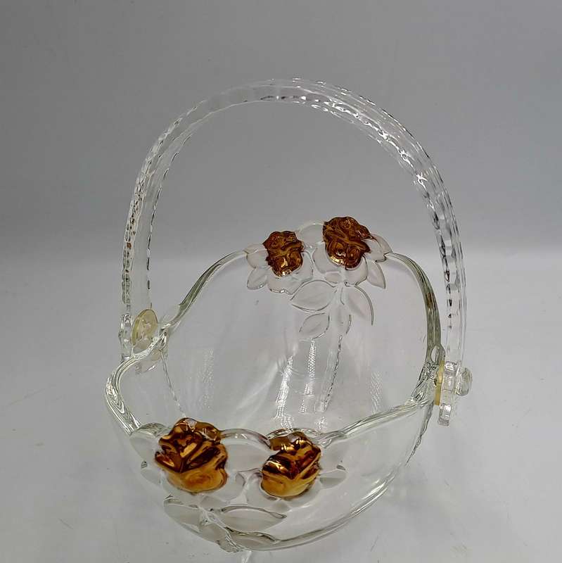 Clear Glass Basket with Collapsible Plastic Handle, Gold Roses and Frosted Leaves, Crystal Look