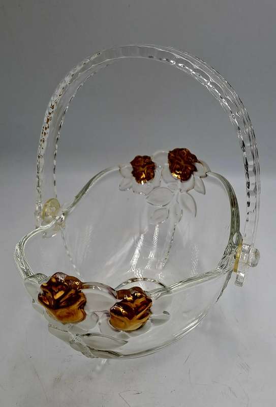 Clear Glass Basket with Collapsible Plastic Handle, Gold Roses and Frosted Leaves, Crystal Look