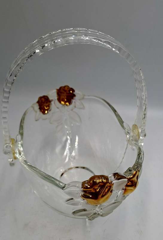 Clear Glass Basket with Collapsible Plastic Handle, Gold Roses and Frosted Leaves, Crystal Look