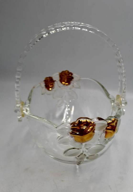 Clear Glass Basket with Collapsible Plastic Handle, Gold Roses and Frosted Leaves, Crystal Look