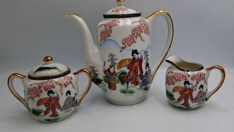 17pc Vintage SOKO China Lithopane moriage geisha  -Fine Porcelain Teaset Hand Painted - Japan