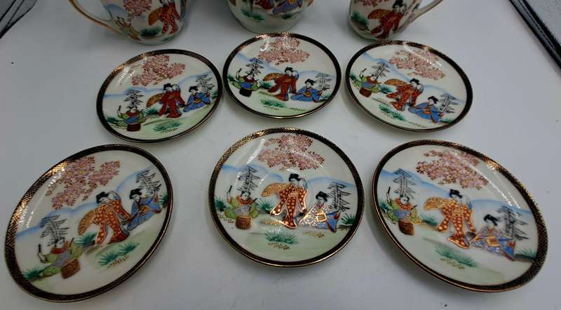 17pc Vintage SOKO China Lithopane moriage geisha  -Fine Porcelain Teaset Hand Painted - Japan