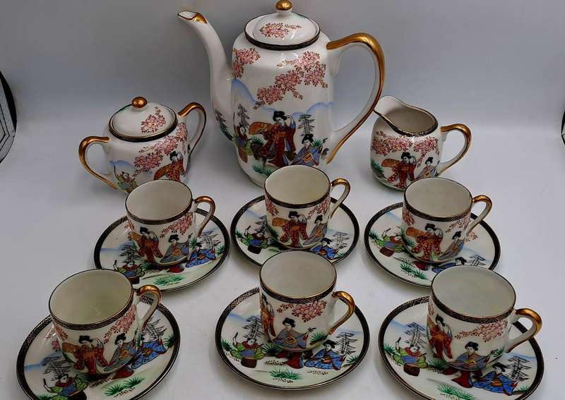 17pc Vintage SOKO China Lithopane moriage geisha  -Fine Porcelain Teaset Hand Painted - Japan
