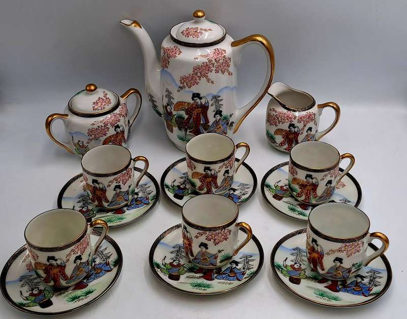 17pc Vintage SOKO China Lithopane moriage geisha  -Fine Porcelain Teaset Hand Painted - Japan