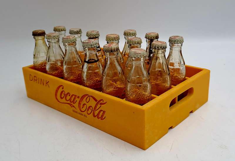Vintage miniature Coca-Cola crate with 15 glass miniature Coca-Cola bottles