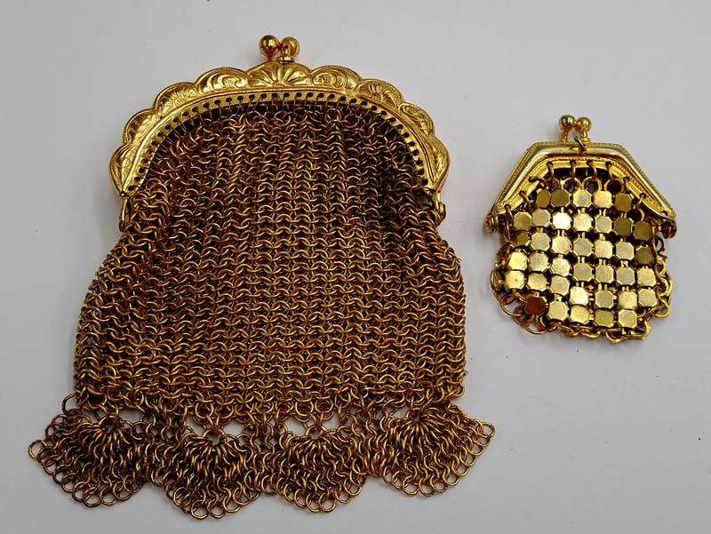 2 Vintage Chainmail Small Coin Purses Gold Tone, Victorian era, Filigree, Ornate