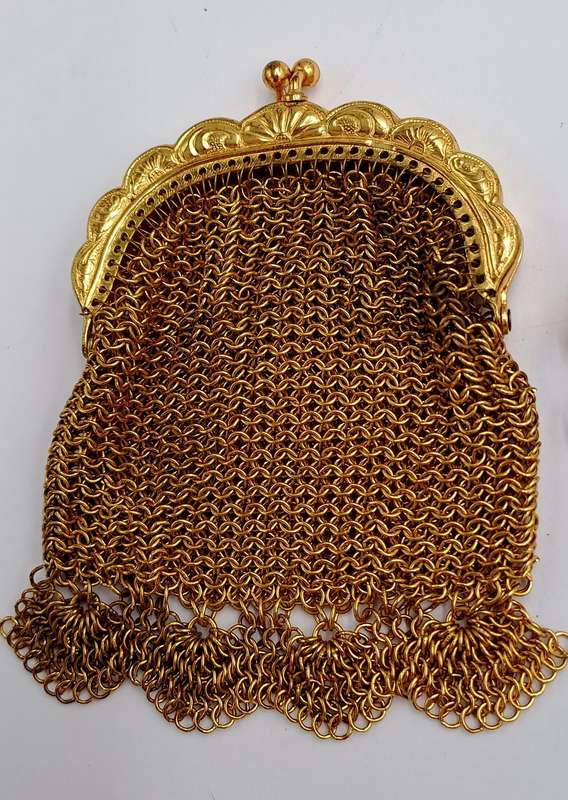 2 Vintage Chainmail Small Coin Purses Gold Tone, Victorian era, Filigree, Ornate