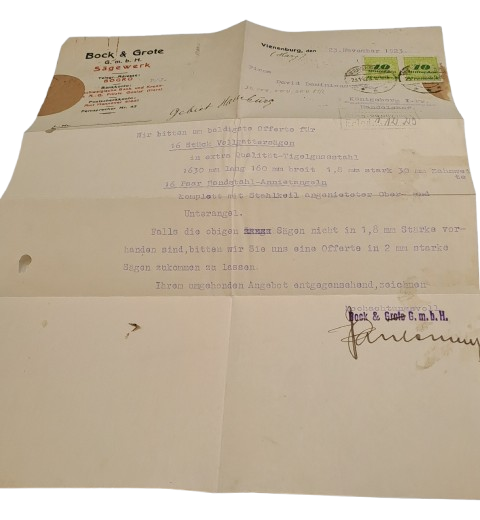 1923 Postal request for invoice of Saw Blades for Bock & Grote Sawmill Hamburg