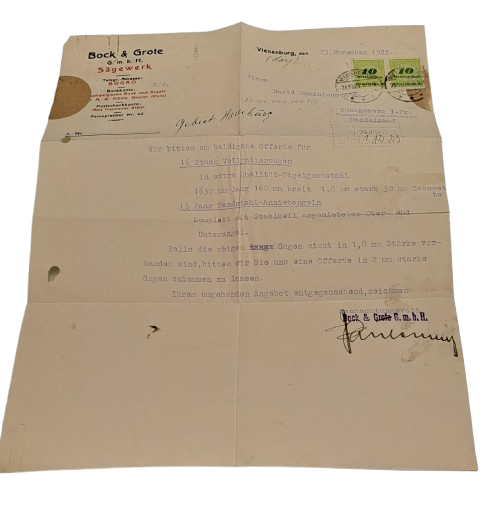 1923 Postal request for invoice of Saw Blades for Bock & Grote Sawmill Hamburg