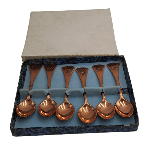Vintage 6 Copper Africa Safari teaspoons -Boxed