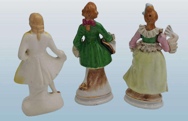 3 Vintage Porcelain Figurines possible made in Occupied Japan(one repaired)