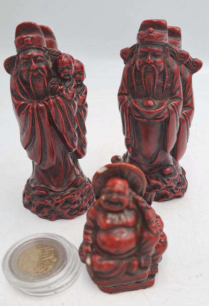 3 Red Resin Asian Oriental Chinese God Figurines -Buda is chipped