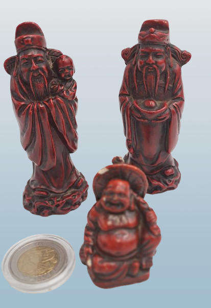 3 Red Resin Asian Oriental Chinese God Figurines -Buda is chipped
