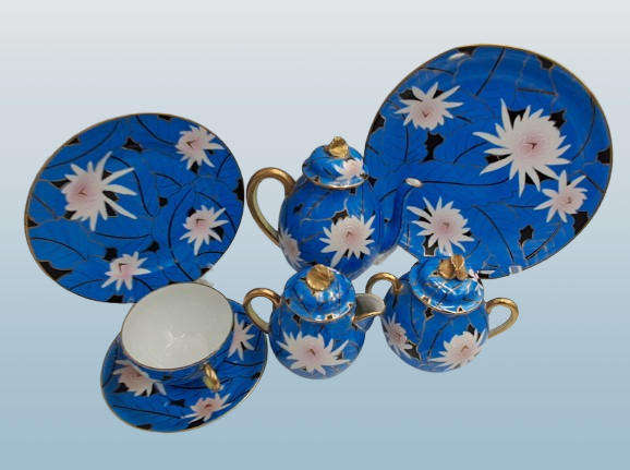24pc Blue,White and Gold Bone China teaset one cup Missing -5 full trios