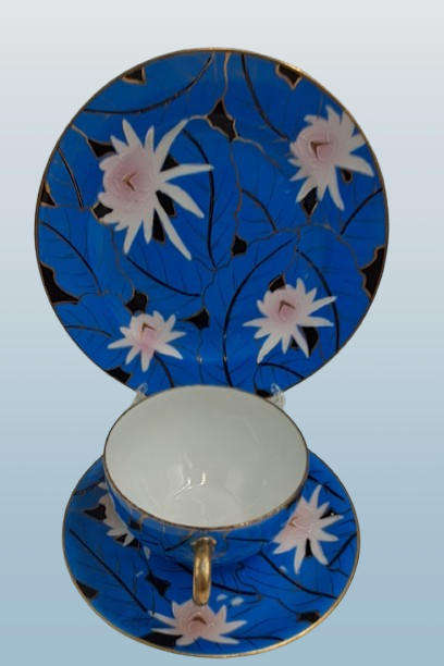 24pc Blue,White and Gold Bone China teaset one cup Missing -5 full trios