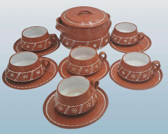 14 Pc Terracotta Finished Ceramic Soup Set Pot with 6 Cups with Saucers