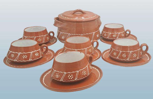 14 Pc Terracotta Finished Ceramic Soup Set Pot with 6 Cups with Saucers