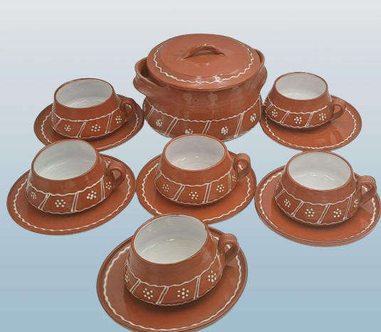 14 Pc Terracotta Finished Ceramic Soup Set Pot with 6 Cups with Saucers