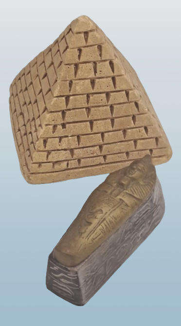 Vintage Soap Stone and Brass Mummy Sarcophagus and Soap Stone Pyramid figurines