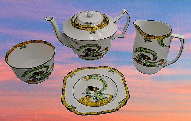 10 Pc's of Antique 1920's Art Deco Melba Bone China Dolly Varden Teaset(incomplete) 6 plates
