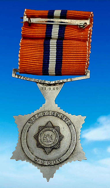 1969 South African Police .925 Silver Star for Merit Full-Size Medal  Issued to 19750K Kapt J.Smuts