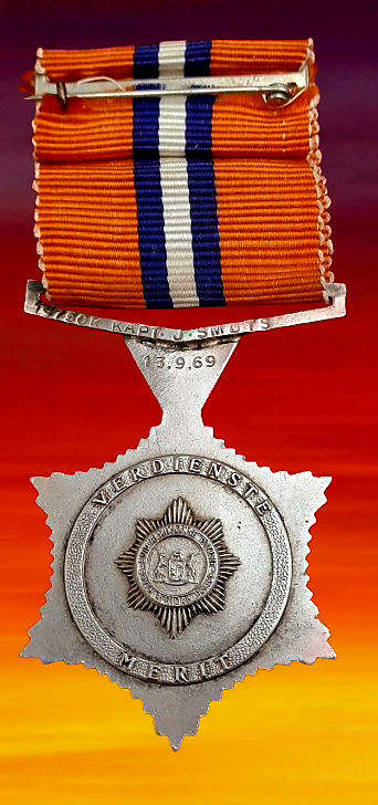 1969 South African Police .925 Silver Star for Merit Full-Size Medal  Issued to 19750K Kapt J.Smuts