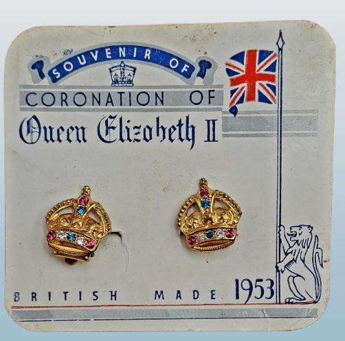 Vintage 1953 Clip on Earrings -souvenir from the coronation of Queen Elizabeth II in 1953