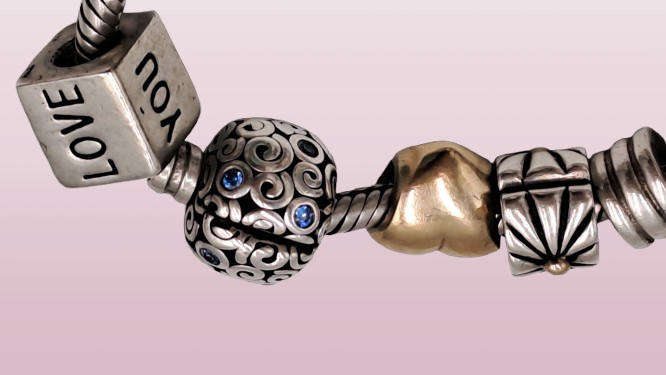 Pandora Charm Bracelet with 18 Charms  Sterling Silver and Gold- 1 Gold Heart and 1 Silver with Gold