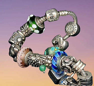 Pandora Charm Bracelet with 18 Charms  Sterling Silver and Gold- 1 Gold Heart and 1 Silver with Gold