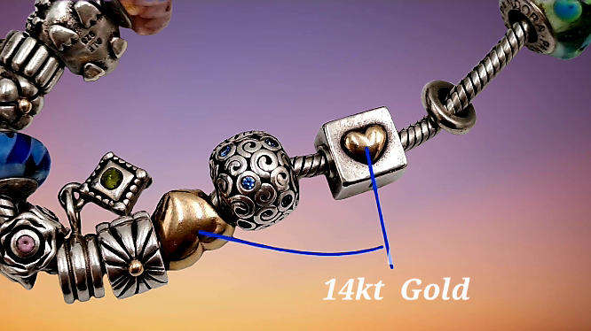 Pandora Charm Bracelet with 18 Charms  Sterling Silver and Gold- 1 Gold Heart and 1 Silver with Gold