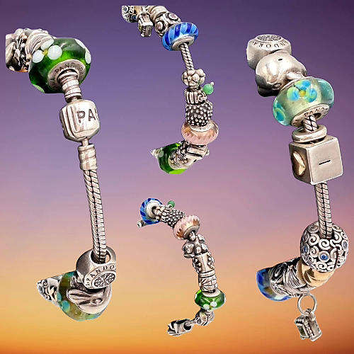 Pandora Charm Bracelet with 18 Charms  Sterling Silver and Gold- 1 Gold Heart and 1 Silver with Gold