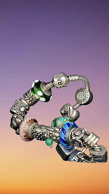 Pandora Charm Bracelet with 18 Charms  Sterling Silver and Gold- 1 Gold Heart and 1 Silver with Gold