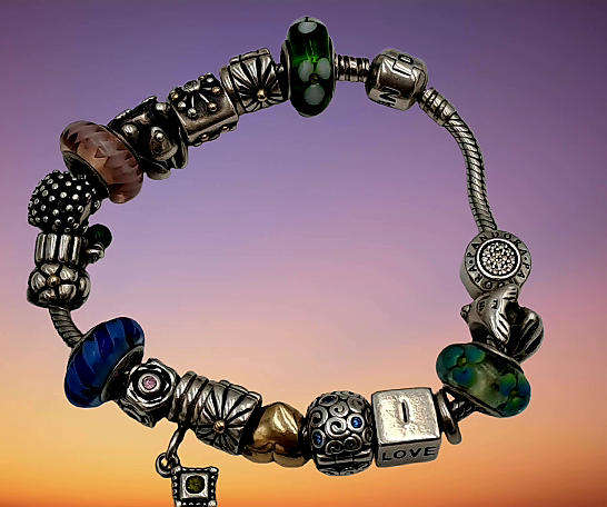 Pandora Charm Bracelet with 18 Charms  Sterling Silver and Gold- 1 Gold Heart and 1 Silver with Gold