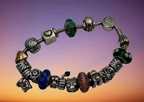 Pandora Charm Bracelet with 18 Charms  Sterling Silver and Gold- 1 Gold Heart and 1 Silver with Gold