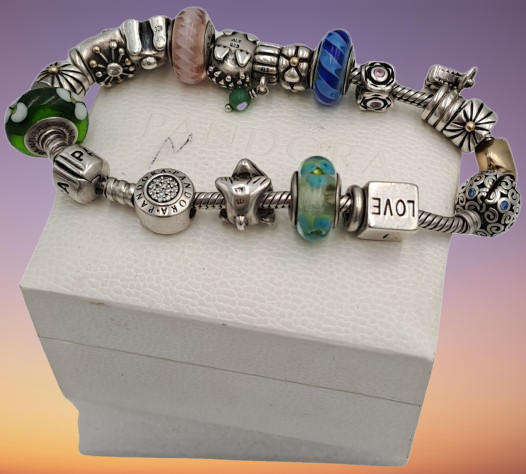 Pandora Charm Bracelet with 18 Charms  Sterling Silver and Gold- 1 Gold Heart and 1 Silver with Gold