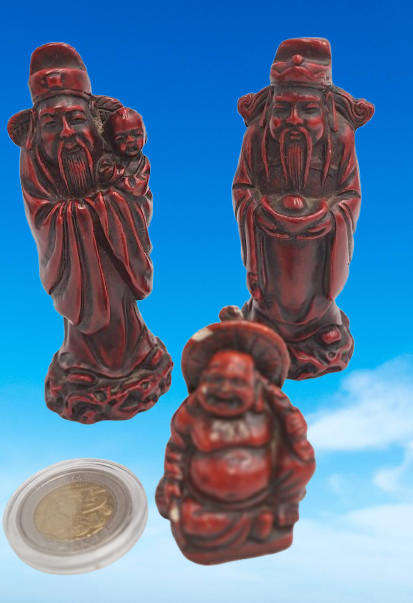 3 Red Resin Asian Oriental Chinese God Figurines -Buda is chipped
