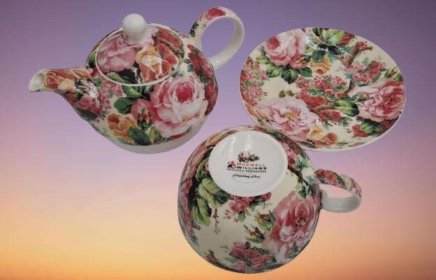 Rambling Rose fine China teapot and plate for one by Maxwell & Williams